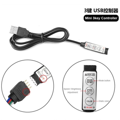 여성 1m 검은색 LED 스트립 5v 전원 공급 및 3키 USB 컨트롤러