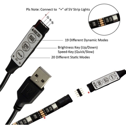 여성 1m 검은색 LED 스트립 5v 전원 공급 및 3키 USB 컨트롤러